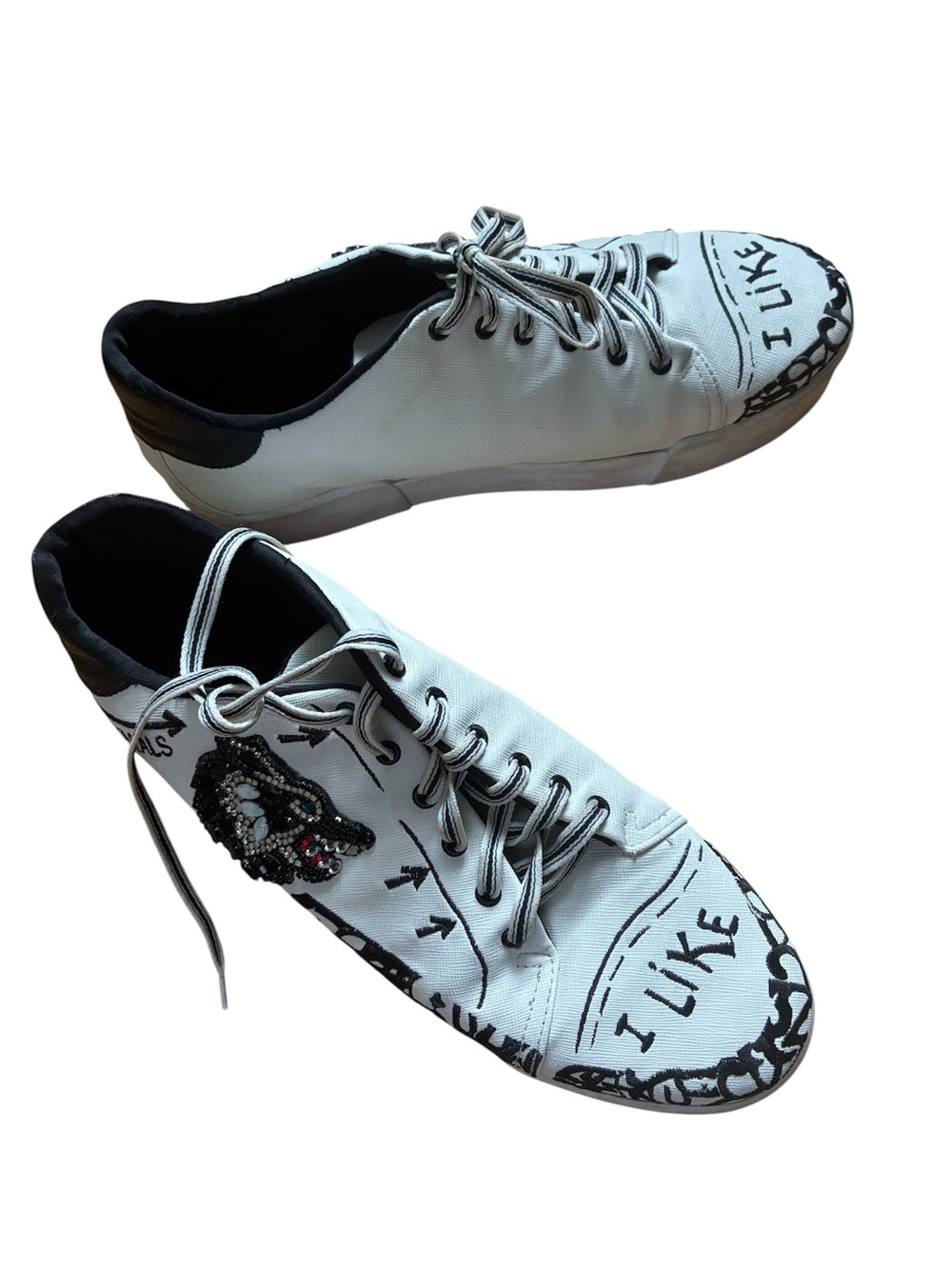 Animal White and Black Canvas Sneakers with Graphic Detailing